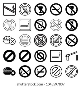 Forbidden icons. set of 25 editable filled and outline forbidden icons such as smoking area, no fast food, no smoking, prohibited