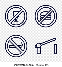 Forbidden icons set. set of 4 forbidden outline icons such as no smoking, barrier, no fast food