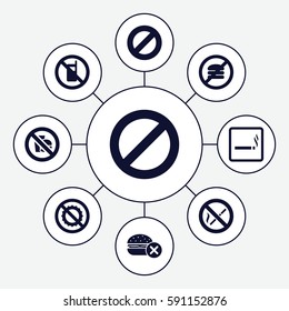 forbidden icons set. Set of 9 forbidden filled icons such as no phone, smoking area, no fast food