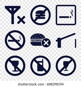 Forbidden icons set. set of 9 forbidden filled icons such as no phone, smoking area, no fast food