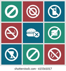 Forbidden icons set. set of 9 forbidden filled icons such as no phone, no fast food