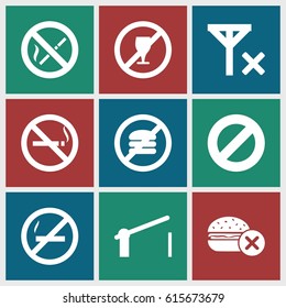 Forbidden icons set. set of 9 forbidden filled icons such as no smoking, no fast food, barrier