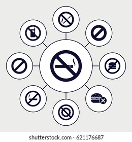 Forbidden icons set. set of 9 forbidden filled icons such as no phone, no fast food