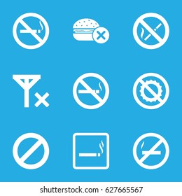 Forbidden icons set. set of 9 forbidden filled icons such as smoking area, no smoking, no fast food