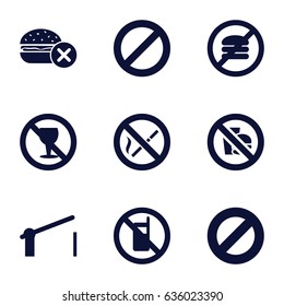 Forbidden icons set. set of 9 forbidden filled icons such as no phone, no fast food, prohibited