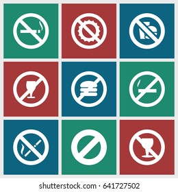Forbidden icons set. set of 9 forbidden filled icons such as no smoking, no alcohol