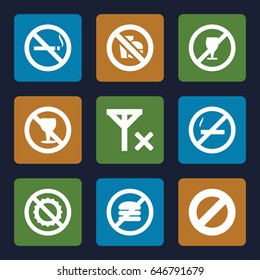 Forbidden icons set. set of 9 forbidden filled icons such as no smoking, no alcohol