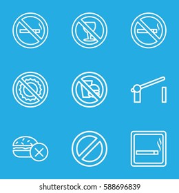 forbidden icons set. Set of 9 forbidden outline icons such as smoking area, no smoking, no fast food, prohibited