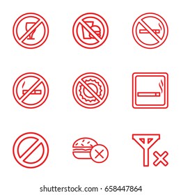 Forbidden icons set. set of 9 forbidden outline icons such as smoking area, no smoking, no fast food