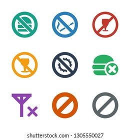 forbidden icons. Trendy 9 forbidden icons. Contain icons such as prohibited, no al, no fast food, no brightness, alcohol, drink, smoking. forbidden icon for web and mobile.