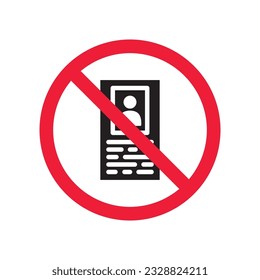Icono vectorial de tarjeta de identificación prohibida. Advertencia, precaución, atención, etiqueta, restricción. Diseño de señas planas de tarjeta de identificación. Signo del pictograma de la tarjeta de identificación. Pictograma de símbolo de tarjeta de miembro. icono de persona VIP