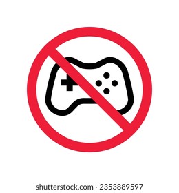 Forbidden joystick vector icon. Warning, caution, attention, restriction, label, ban, danger. No gamepad flat sign design pictogram symbol. No game pad joystick icon