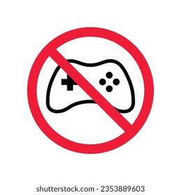 Forbidden joystick vector icon. Warning, caution, attention, restriction, label, ban, danger. No gamepad flat sign design pictogram symbol. No game pad joystick icon