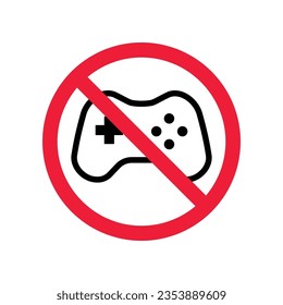 Forbidden joystick vector icon. Warning, caution, attention, restriction, label, ban, danger. No gamepad flat sign design pictogram symbol. No game pad joystick icon