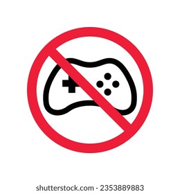 Icono vectorial de joystick prohibido. Advertencia, precaución, atención, restricción, etiqueta, prohibición, peligro. No hay símbolo de pictograma de diseño de signo plano gamepad. Icono de joystick de teclado de juego