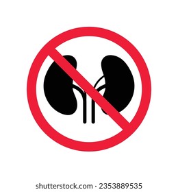 Icono vectorial de riñón prohibido. Advertencia, precaución, atención, restricción, etiqueta, prohibición, peligro. No hay símbolo del pictograma de diseño de signo plano de los riñones. Ningún ícono de órgano renal