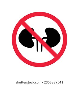 Icono vectorial de riñón prohibido. Advertencia, precaución, atención, restricción, etiqueta, prohibición, peligro. No hay símbolo del pictograma de diseño de signo plano de los riñones. Ningún ícono de órgano renal