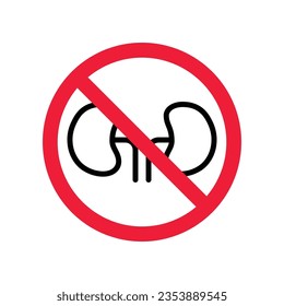 Icono vectorial de riñón prohibido. Advertencia, precaución, atención, restricción, etiqueta, prohibición, peligro. No hay símbolo del pictograma de diseño de signo plano de los riñones. Ningún ícono de órgano renal