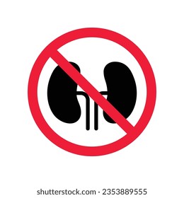 Icono vectorial de riñón prohibido. Advertencia, precaución, atención, restricción, etiqueta, prohibición, peligro. No hay símbolo del pictograma de diseño de signo plano de los riñones. Ningún ícono de órgano renal