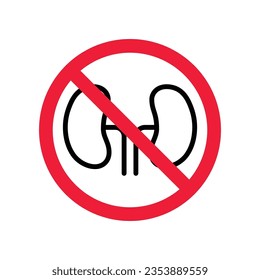 Icono vectorial de riñón prohibido. Advertencia, precaución, atención, restricción, etiqueta, prohibición, peligro. No hay símbolo del pictograma de diseño de signo plano de los riñones. Ningún ícono de órgano renal