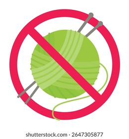 Sinal de tricô proibido, bola de fio com círculo cruzado vermelho, sinal de atividade de tricô proibido, ícone de crochê permitido, fio proibido e agulhas vetor, sinal de aviso de restrição de tricô