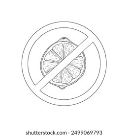 Forbidden Lemon, Hand-Drawn Vector, Graphic Style, Cartoon Illustration, Black and White, Sketch Style, Isolated on White Background