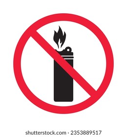 Icono vectorial más ligero prohibido. Advertencia, precaución, atención, restricción, etiqueta, prohibición, peligro. No hay símbolo de pictograma de diseño de signo plano de llama. Sin icono de fuego