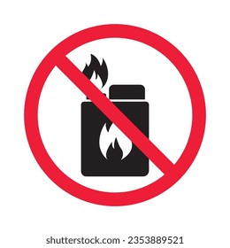 Forbidden lighter vector icon. Warning, caution, attention, restriction, label, ban, danger. No flame flat sign design pictogram symbol. No fire icon