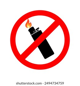 Icono de Vector de encendedor prohibido. Advertencia, precaución, atención, restricción, etiqueta, prohibición, peligro. Ningún símbolo de pictograma de diseño de signo plano de llama. Sin icono de fuego