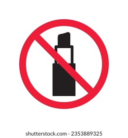 Icono vectorial de lápiz labial prohibido. Advertencia, precaución, atención, restricción, etiqueta, prohibición, peligro. No hay símbolo de pictograma de diseño de lápiz labial plano. Icono de cosmética sin lápiz labial