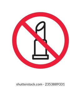 Icono vectorial de lápiz labial prohibido. Advertencia, precaución, atención, restricción, etiqueta, prohibición, peligro. No hay símbolo de pictograma de diseño de lápiz labial plano. Icono de cosmética sin lápiz labial