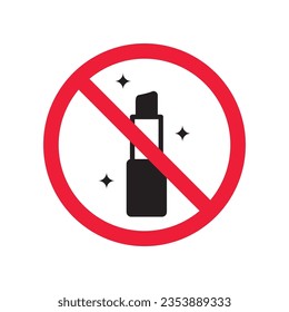 Icono vectorial de lápiz labial prohibido. Advertencia, precaución, atención, restricción, etiqueta, prohibición, peligro. No hay símbolo de pictograma de diseño de lápiz labial plano. Icono de cosmética sin lápiz labial