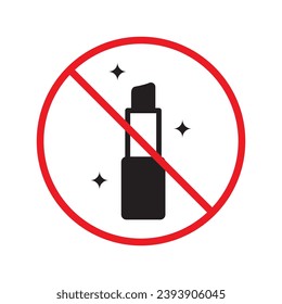 Icono vectorial de lápiz labial prohibido. Advertencia, precaución, atención, restricción, etiqueta, prohibición, peligro. No hay símbolo de pictograma de diseño de lápiz labial plano. No hay icono cosmético de lápiz labial UX UI