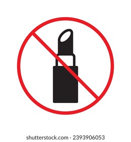 Icono vectorial de lápiz labial prohibido. Advertencia, precaución, atención, restricción, etiqueta, prohibición, peligro. No hay símbolo de pictograma de diseño de lápiz labial plano. No hay icono cosmético de lápiz labial UX UI
