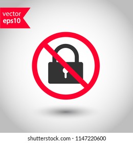 Forbidden lock icon. Do not lock vector sign. Prohibited lock vector icon. Warning, caution, attention, restriction. No lock icon.