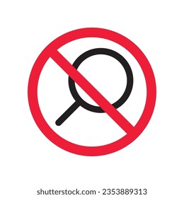 Icono vectorial de la lupa prohibida. Advertencia, precaución, atención, restricción, etiqueta, prohibición, peligro. No hay ningún símbolo de pictograma de diseño de signo plano de aumento. Icono de búsqueda sin zoom