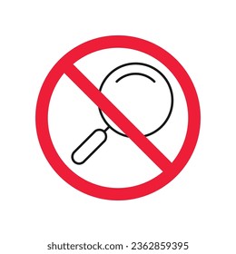Icono vectorial de la lupa prohibida. Advertencia, precaución, atención, restricción, etiqueta, prohibición, peligro. No hay ningún símbolo de pictograma de diseño de signo plano de aumento. Icono de búsqueda sin zoom