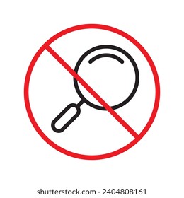 Forbidden loupe vector icon. Warning, caution, attention, restriction, label, ban, danger. No magnifier flat sign design pictogram symbol. No zoom find search look icon