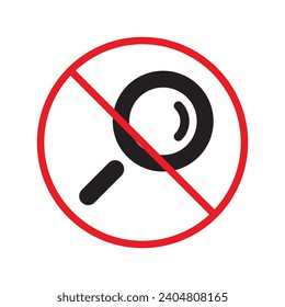 Icono vectorial de la lupa prohibida. Advertencia, precaución, atención, restricción, etiqueta, prohibición, peligro. No hay ningún símbolo de pictograma de diseño de signo plano de aumento. Icono de búsqueda sin zoom