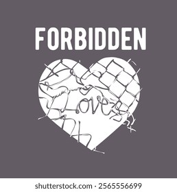 forbidden love slogan broken wire fence on heart background vector illustration