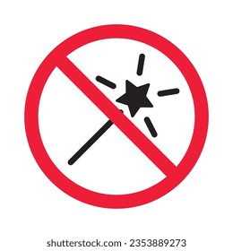 Icono vectorial de varita mágica prohibida. Advertencia, precaución, atención, restricción, etiqueta, prohibición, peligro. No hay símbolo de pictograma de diseño de signo plano con stick mágico. Ningún icono de estrella milagrosa