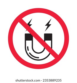Icono vectorial de imán prohibido. Advertencia, precaución, atención, restricción, etiqueta, prohibición, peligro. No hay símbolo de pictograma de diseño de señas planas de atracción de imanes. Ningún icono de imán