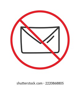 Icono de correo prohibido. No enviar la señal del vector del mensaje. Icono vectorial de sobre prohibido. Advertencia, precaución, atención, restricción. No hay icono de spam.