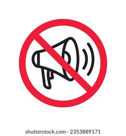 Icono vectorial megáfono prohibido. Advertencia, precaución, atención, restricción, etiqueta, prohibición, peligro. No hay símbolo de pictograma de diseño de señal plana de altavoz. Sin icono de anuncio