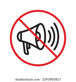 Icono vectorial megáfono prohibido. Advertencia, precaución, atención, restricción, etiqueta, prohibición, peligro. No hay símbolo de pictograma de diseño de señal plana de altavoz. No hay un icono de anuncio en la interfaz de usuario de UX