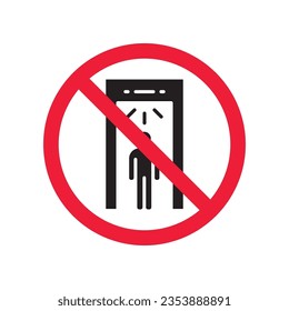 Icono vectorial del detector de metal prohibido. Advertencia, precaución, atención, restricción, etiqueta, prohibición, peligro. No hay símbolo de pictograma de diseño de señal plana de detector de metales. Icono de control de verificación