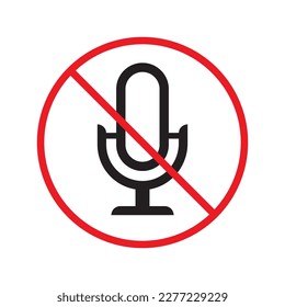 Icono vectorial de micrófono prohibido. Diseño de señal plana de micrófono. No hay icono de vector prohibido con micrófono. Aviso, precaución, atención, restricción, etiqueta micro señal plana. 