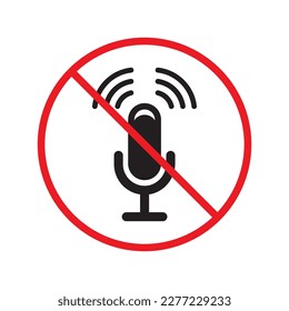 Icono vectorial de micrófono prohibido. Diseño de señal plana de micrófono. No hay icono de vector prohibido con micrófono. Aviso, precaución, atención, restricción, etiqueta micro señal plana. 
