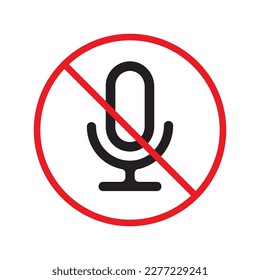 Icono vectorial de micrófono prohibido. Diseño de señal plana de micrófono. No hay icono de vector prohibido con micrófono. Aviso, precaución, atención, restricción, etiqueta micro señal plana. 