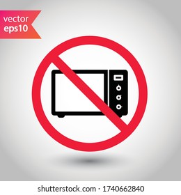 Icono vectorial de microondas prohibido. Advertencia prohibida, precaución, atención, peligro de etiqueta de restricción.  No utilice el diseño de señal plana de microondas. Pictograma de símbolo de microondas 